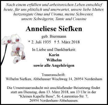 Traueranzeige von Anneliese Siefken von Nordwest-Zeitung