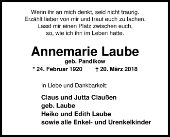 Traueranzeige von Annemarie Laube von Nordwest-Zeitung