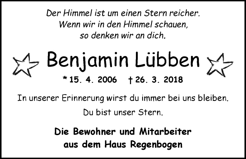  Traueranzeige für Benjamin Lübben vom 29.03.2018 aus Nordwest-Zeitung