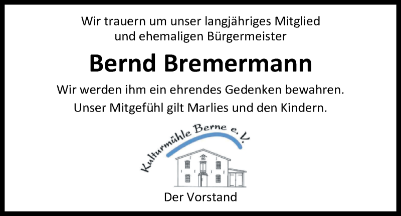  Traueranzeige für Bernd Bremermann vom 27.03.2018 aus Nordwest-Zeitung
