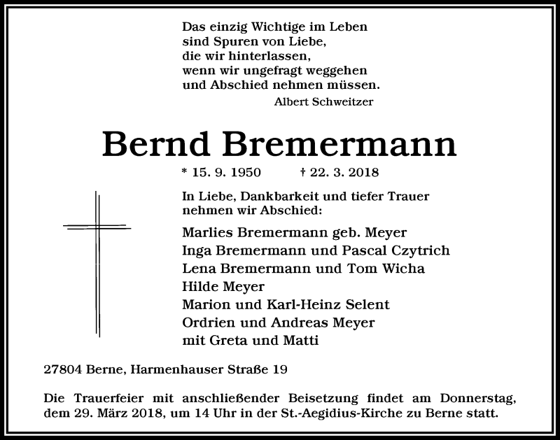 Traueranzeige für Bernd Bremermann vom 26.03.2018 aus Nordwest-Zeitung