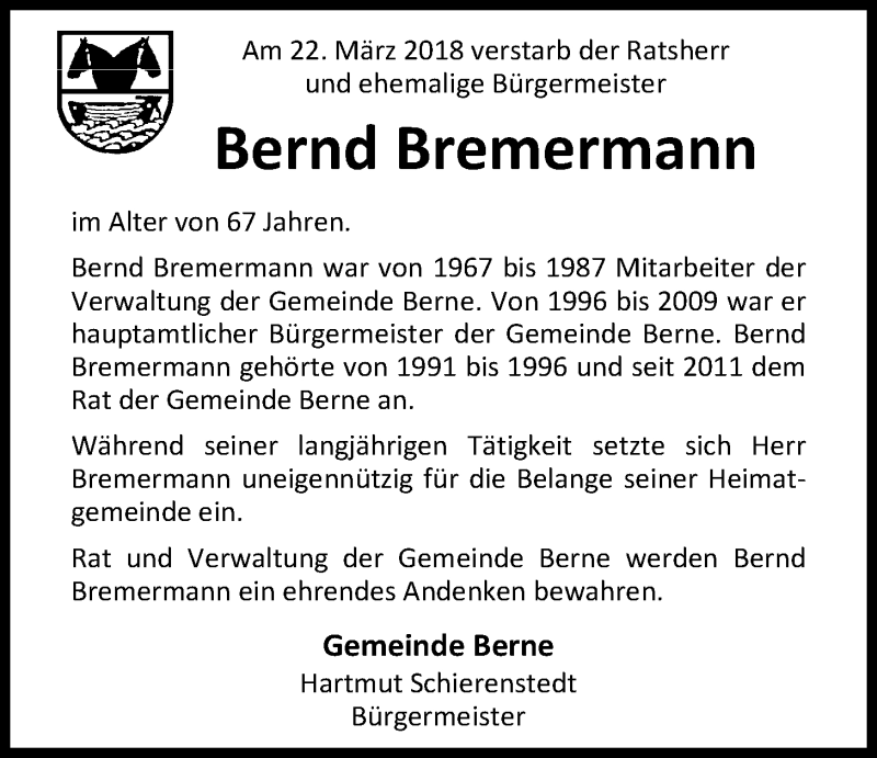  Traueranzeige für Bernd Bremermann vom 26.03.2018 aus Nordwest-Zeitung
