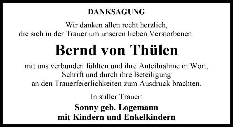  Traueranzeige für Bernd von Thülen vom 24.03.2018 aus Nordwest-Zeitung