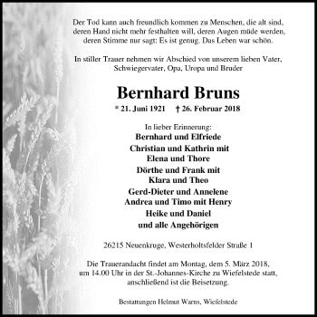 Traueranzeige von Bernhard Bruns von Nordwest-Zeitung