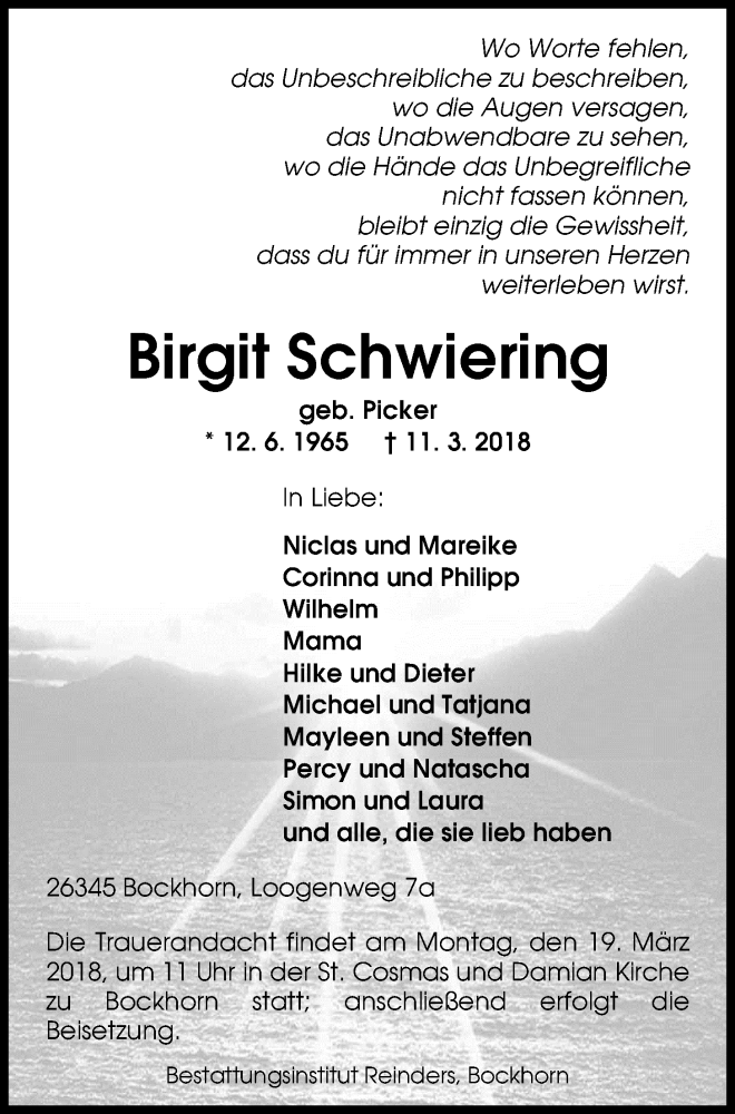  Traueranzeige für Birgit Schwiering vom 15.03.2018 aus Nordwest-Zeitung