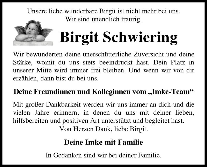  Traueranzeige für Birgit Schwiering vom 15.03.2018 aus Nordwest-Zeitung