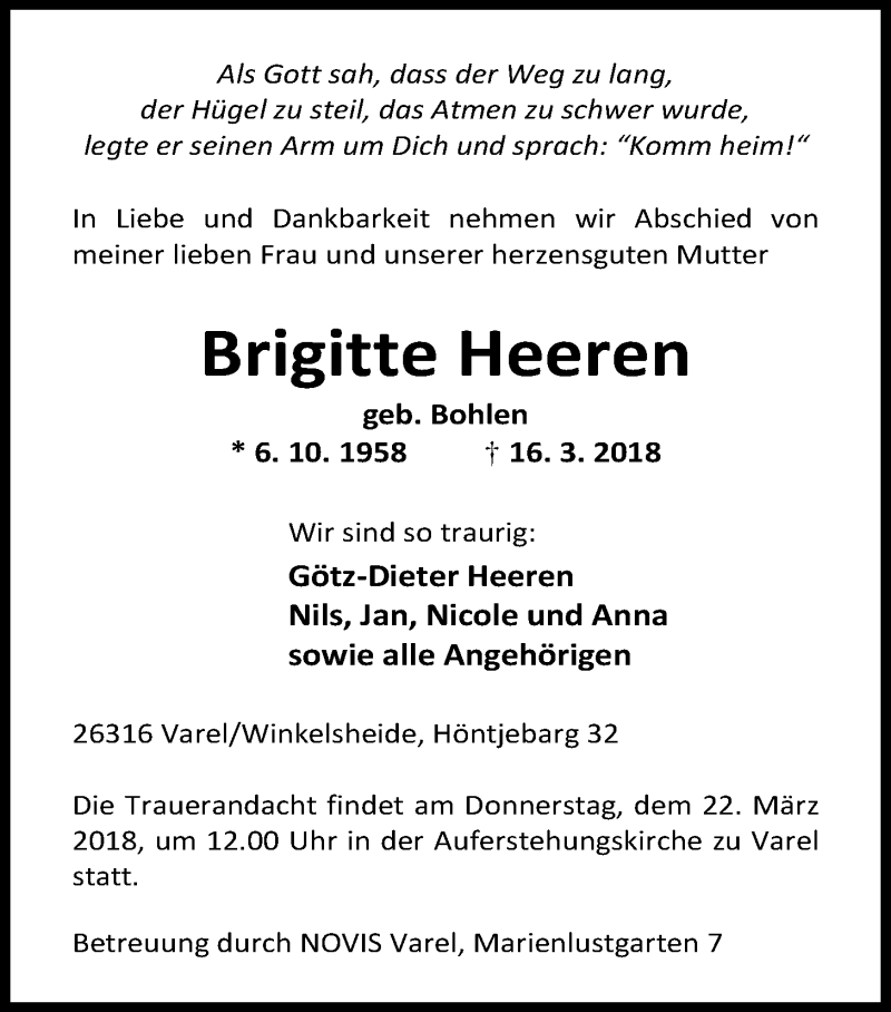  Traueranzeige für Brigitte Heeren vom 20.03.2018 aus Nordwest-Zeitung