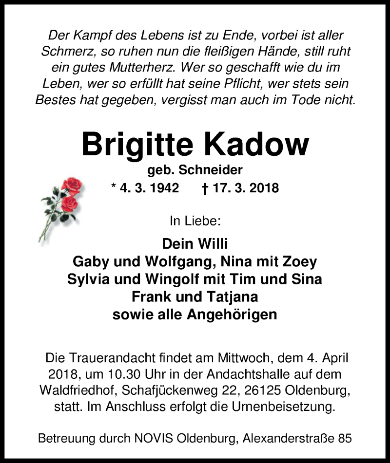  Traueranzeige für Brigitte Kadow vom 31.03.2018 aus Nordwest-Zeitung