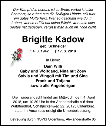 Traueranzeige von Brigitte Kadow von Nordwest-Zeitung