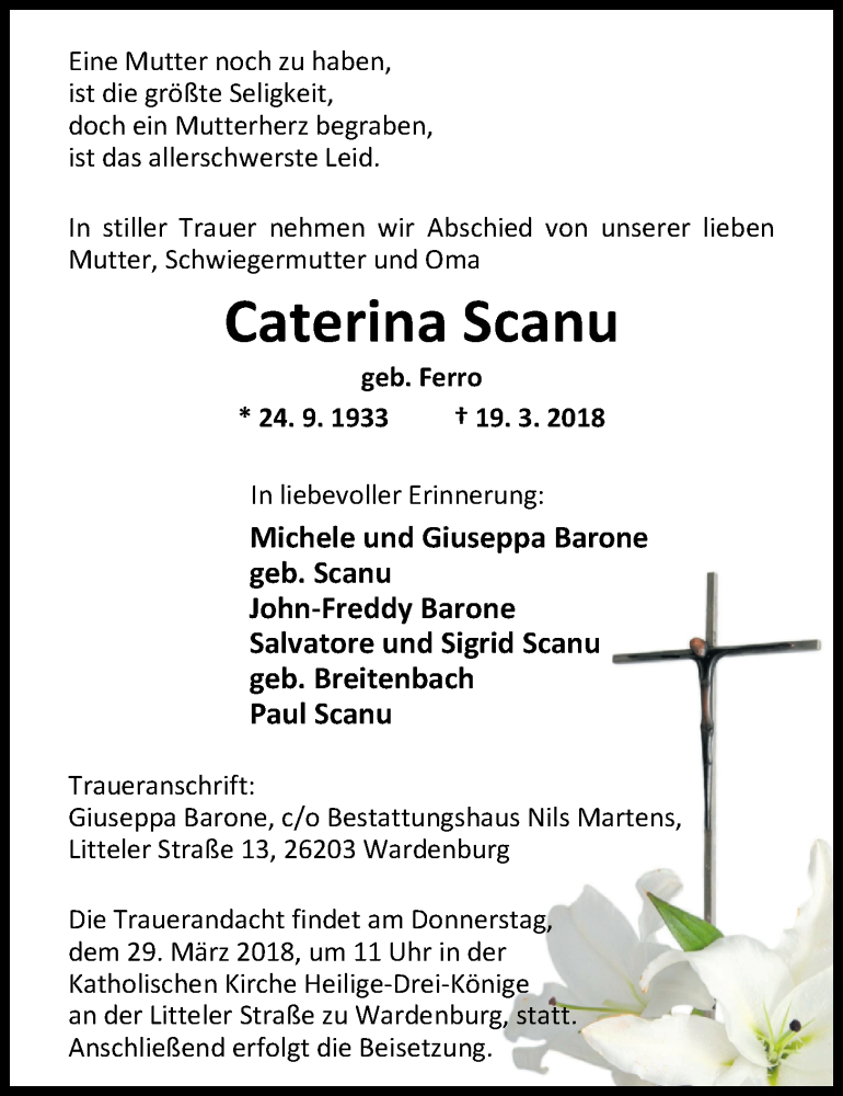  Traueranzeige für Caterina Scanu vom 23.03.2018 aus Nordwest-Zeitung