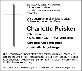 Traueranzeige von Charlotte Peisker von Nordwest-Zeitung