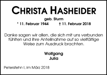 Traueranzeige von Christa Hasheider von Nordwest-Zeitung