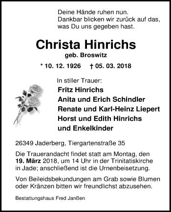 Traueranzeige von Christa Hinrichs von Nordwest-Zeitung