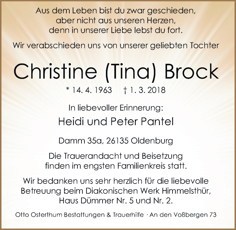  Traueranzeige für Christine Brock vom 06.03.2018 aus Nordwest-Zeitung
