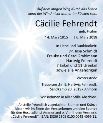 Traueranzeige von Cäcilie Fehrendt von Nordwest-Zeitung