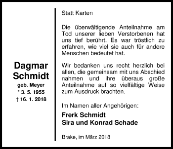 Traueranzeige von Dagmar Schmidt von Nordwest-Zeitung