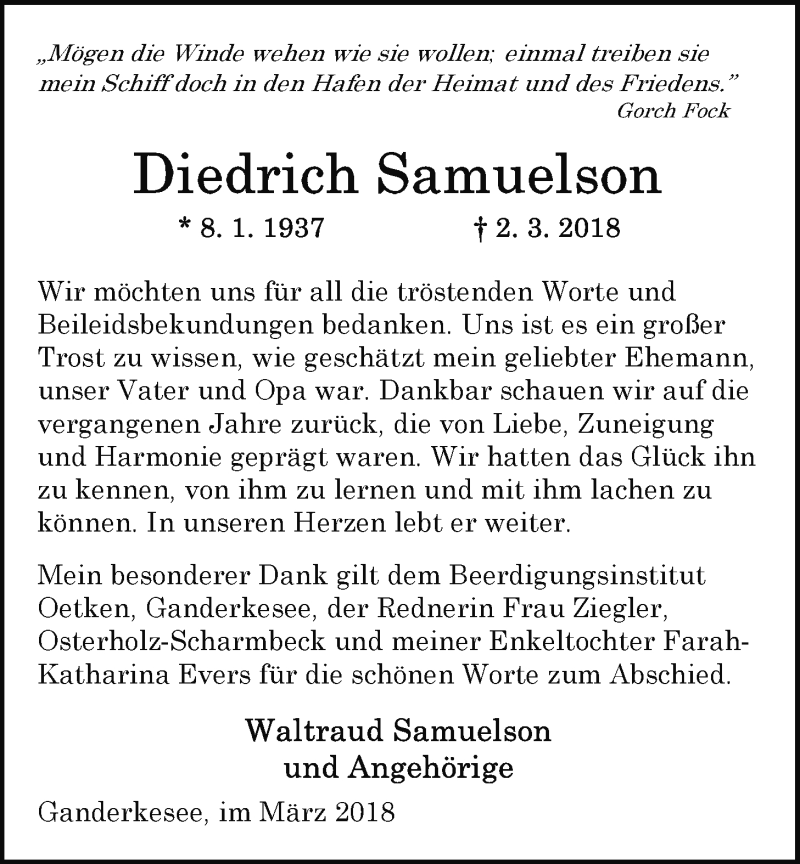  Traueranzeige für Diedrich Samuelson vom 31.03.2018 aus Nordwest-Zeitung