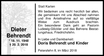 Traueranzeige von Dieter Behrendt von Nordwest-Zeitung