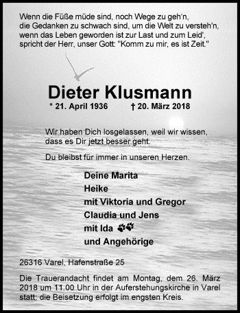 Traueranzeige von Dieter Klusmann von Nordwest-Zeitung