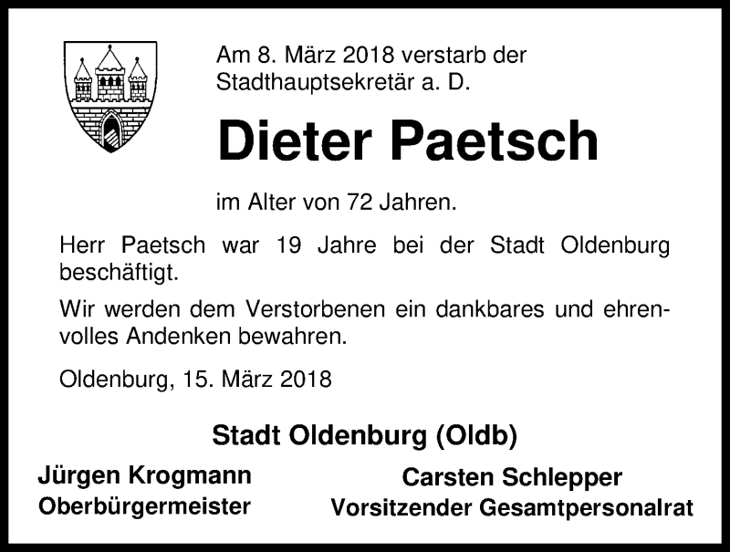  Traueranzeige für Dieter Paetsch vom 15.03.2018 aus Nordwest-Zeitung