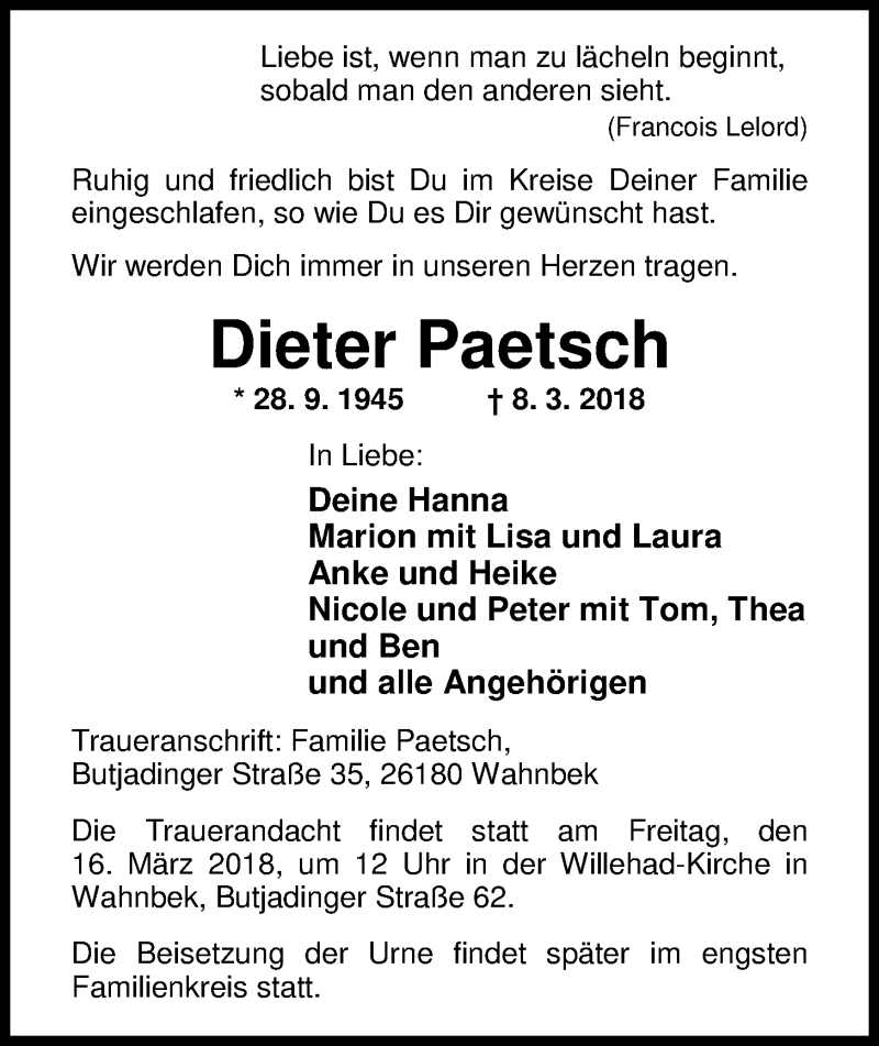  Traueranzeige für Dieter Paetsch vom 12.03.2018 aus Nordwest-Zeitung
