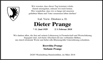 Traueranzeige von Dieter Prange von Nordwest-Zeitung
