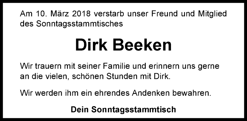  Traueranzeige für Dirk Beeken vom 13.03.2018 aus Nordwest-Zeitung