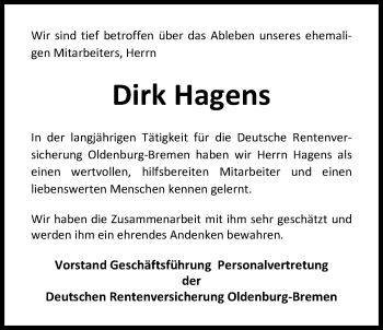 Traueranzeige von Dirk Hagens von Nordwest-Zeitung