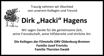 Traueranzeige von Dirk Hagens von Nordwest-Zeitung
