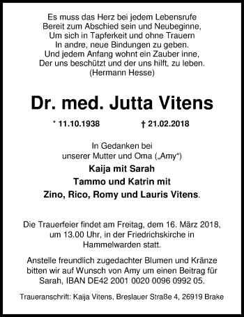 Traueranzeige von Dr. med. Jutta Vitens von Nordwest-Zeitung