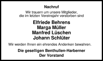 Traueranzeige von Elfriede Behrens von Nordwest-Zeitung