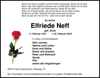 Traueranzeige von Elfriede Neff von Nordwest-Zeitung