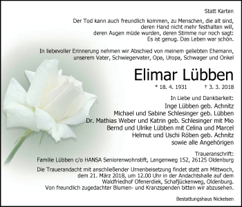 Traueranzeige von Elimar Lübben von Nordwest-Zeitung