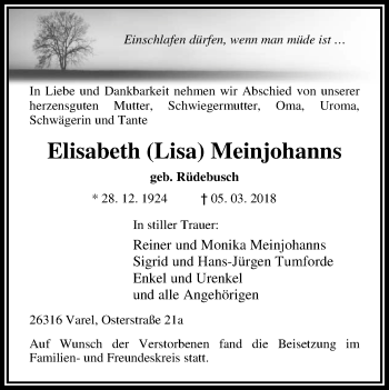 Traueranzeige von Elisabeth (Lisa) Meinjohanns von Nordwest-Zeitung