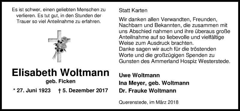 Traueranzeige für Elisabeth Woltmann vom 03.03.2018 aus Nordwest-Zeitung