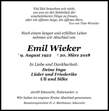 Traueranzeige von Emil Wieker von Nordwest-Zeitung