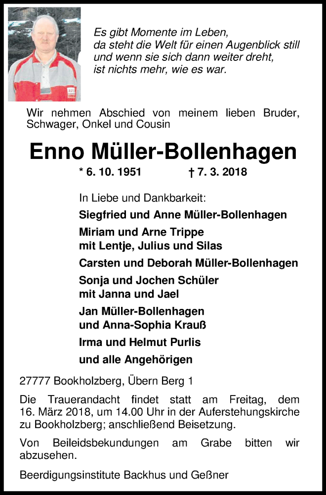  Traueranzeige für Enno Müller-Bollenhagen vom 12.03.2018 aus Nordwest-Zeitung