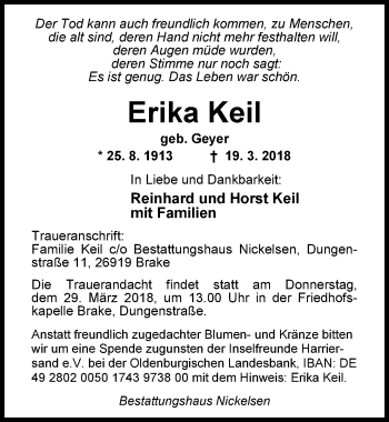 Traueranzeige von Erika Keil von Nordwest-Zeitung