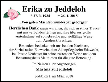 Traueranzeige von Erika  zu Jeddeloh von Nordwest-Zeitung