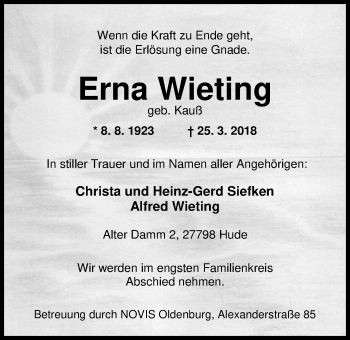 Traueranzeige von Erna Wieting von Nordwest-Zeitung