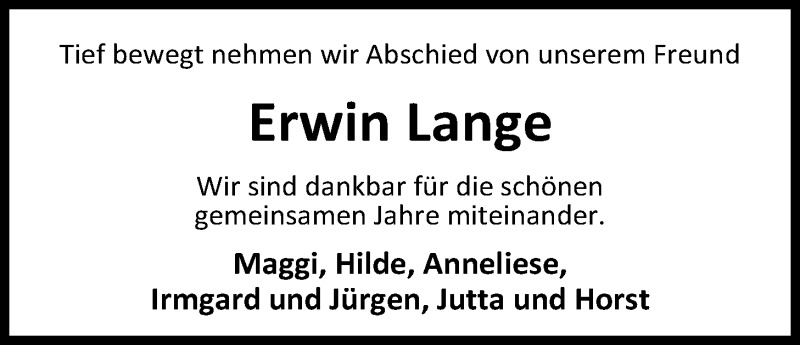  Traueranzeige für Erwin Lange vom 24.03.2018 aus Nordwest-Zeitung