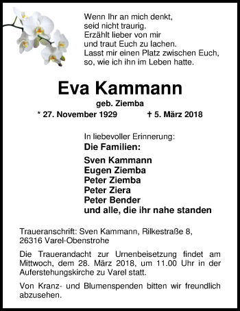 Traueranzeige von Eva Kammann von Nordwest-Zeitung