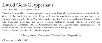 Traueranzeige von Ewald Gers-Grapperhaus von Nordwest-Zeitung