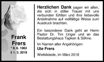 Traueranzeige von Frank Frers von Nordwest-Zeitung