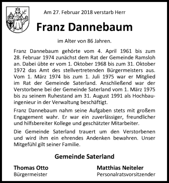 Traueranzeige von Franz Dannebaum von Nordwest-Zeitung