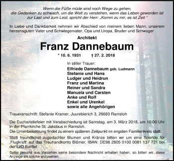 Traueranzeige von Franz Dannebaum von Nordwest-Zeitung