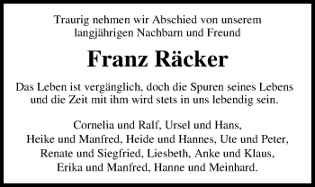 Traueranzeige von Franz Räcker von Nordwest-Zeitung