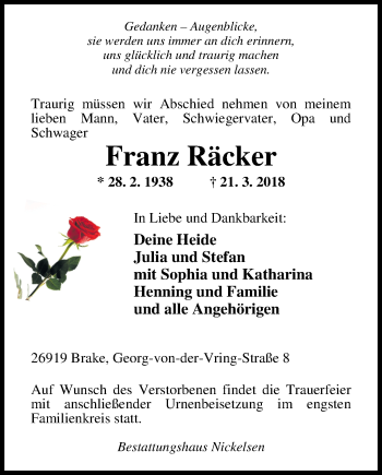 Traueranzeige von Franz Räcker von Nordwest-Zeitung