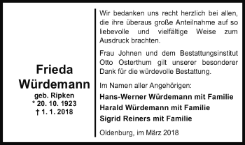 Traueranzeige von Frieda Würdemann von Nordwest-Zeitung