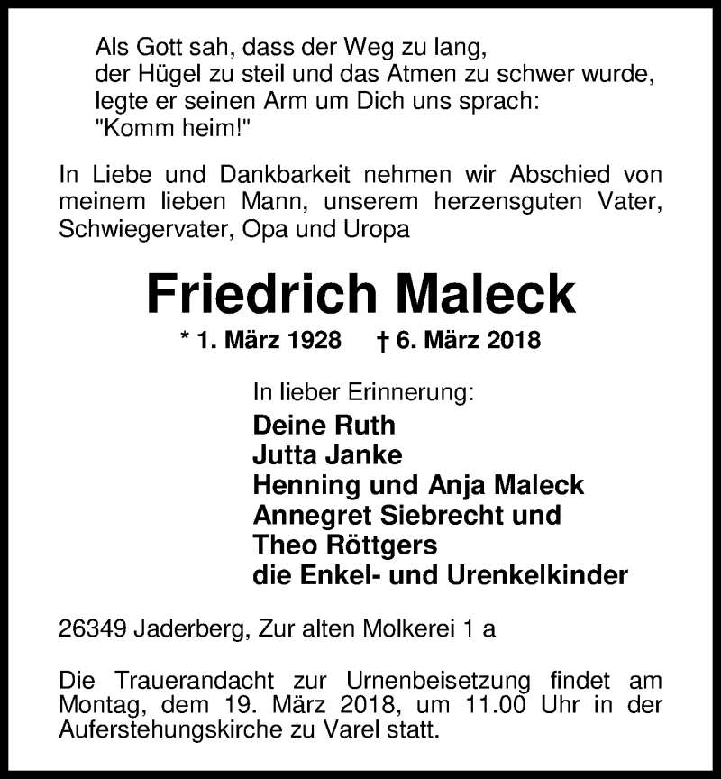  Traueranzeige für Friedrich Maleck vom 14.03.2018 aus Nordwest-Zeitung